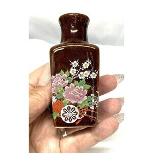 Vintage Japanese Brown Square Miniature Ceramic Vase with Floral Design